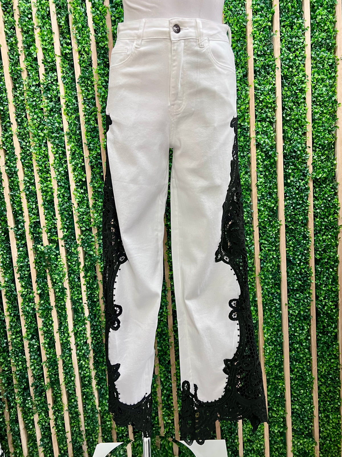 Black Lace Trim White Wide Leg Denim