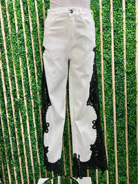 Black Lace Trim White Wide Leg Denim