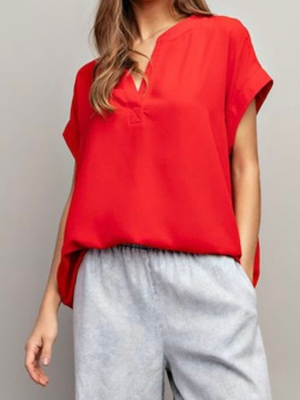 Tomato Red Front Slit Short Sleeve Blousr