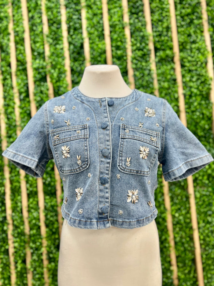 Beaded Denim Crop Blouse