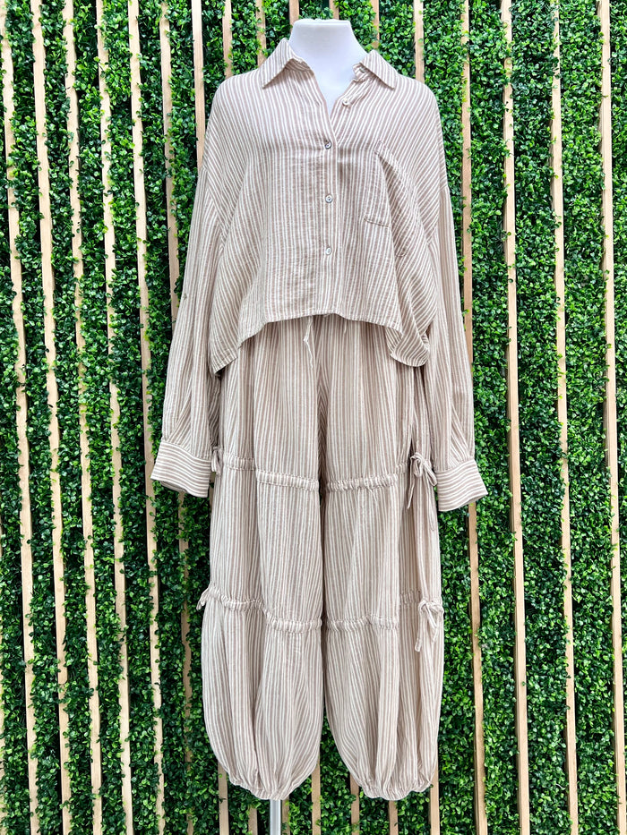 Taupe Natural Striped Button Down Blouse