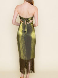 Elegant Metallic Green Strapless Fringe Dress