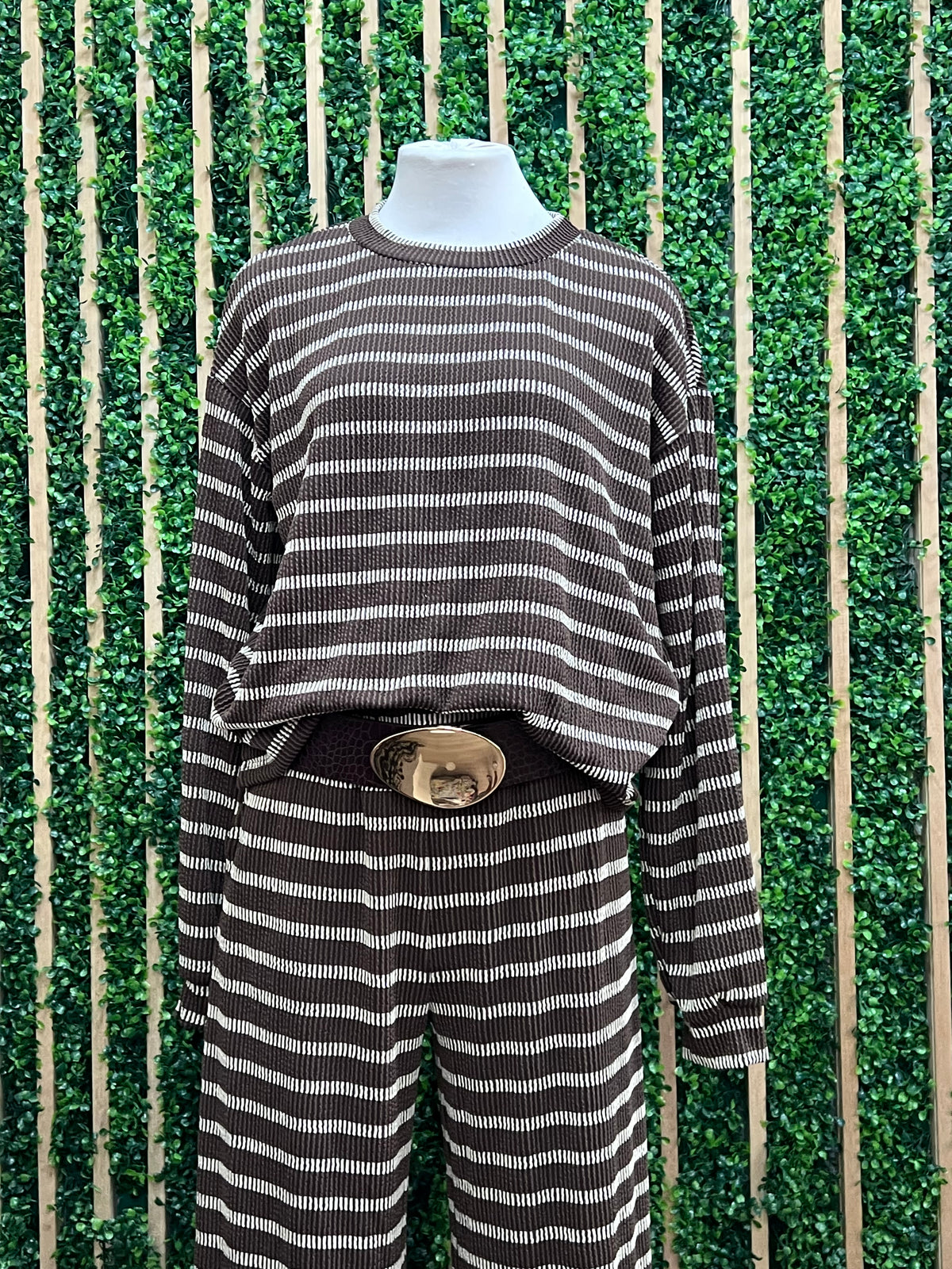 Chocolate & Ivory Striped Knit Top and Wide-Leg Pants Set