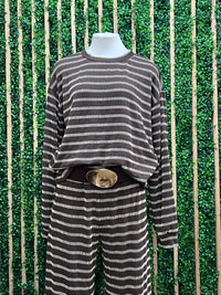 Chocolate & Ivory Striped Knit Top and Wide-Leg Pants Set