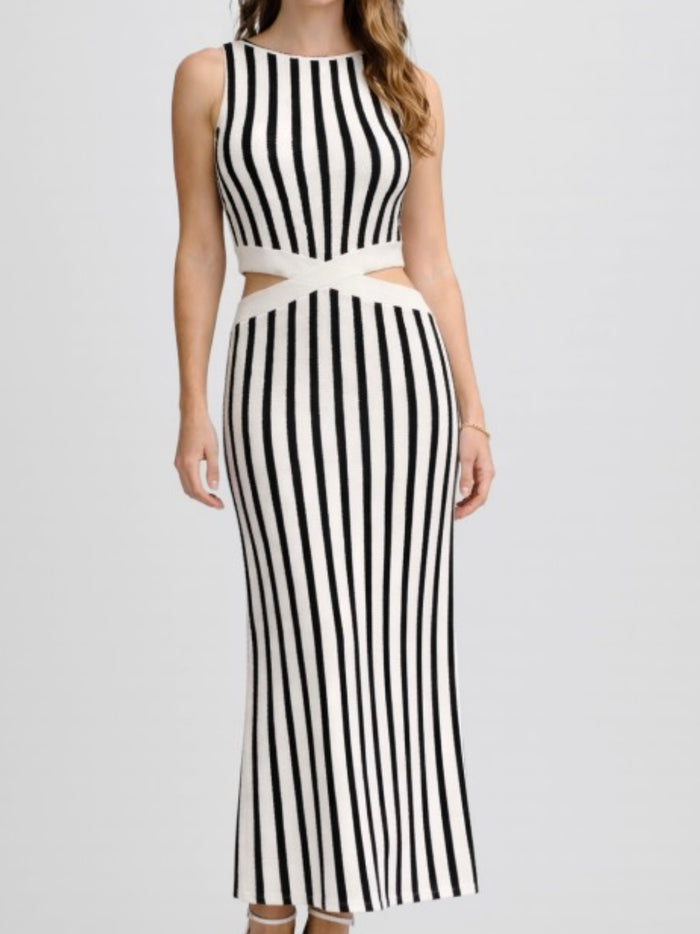 Black & Ivory Striped Cutout Knit Maxi Dress