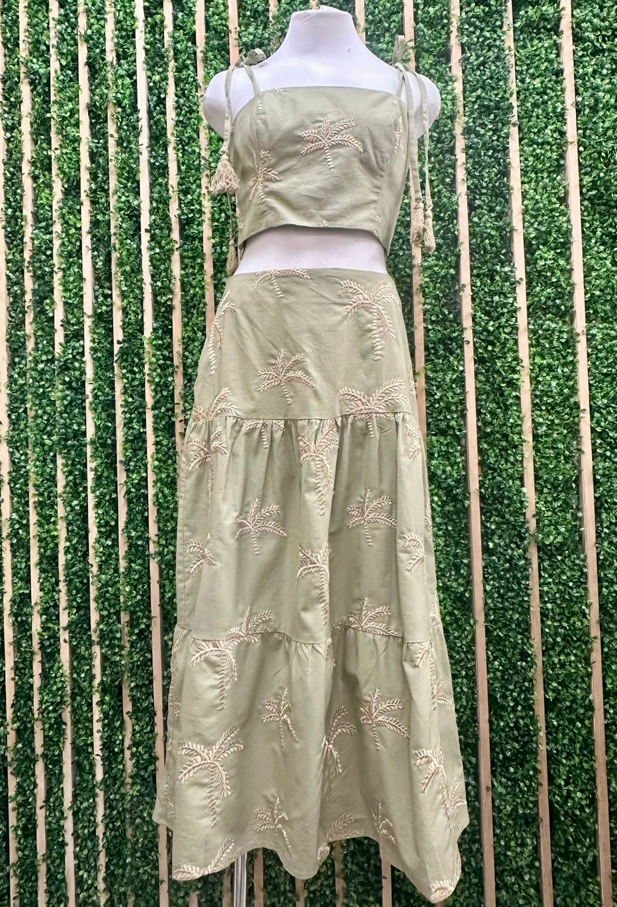 Beautiful Olive Gold Tree Embroidered Maxi Skirt