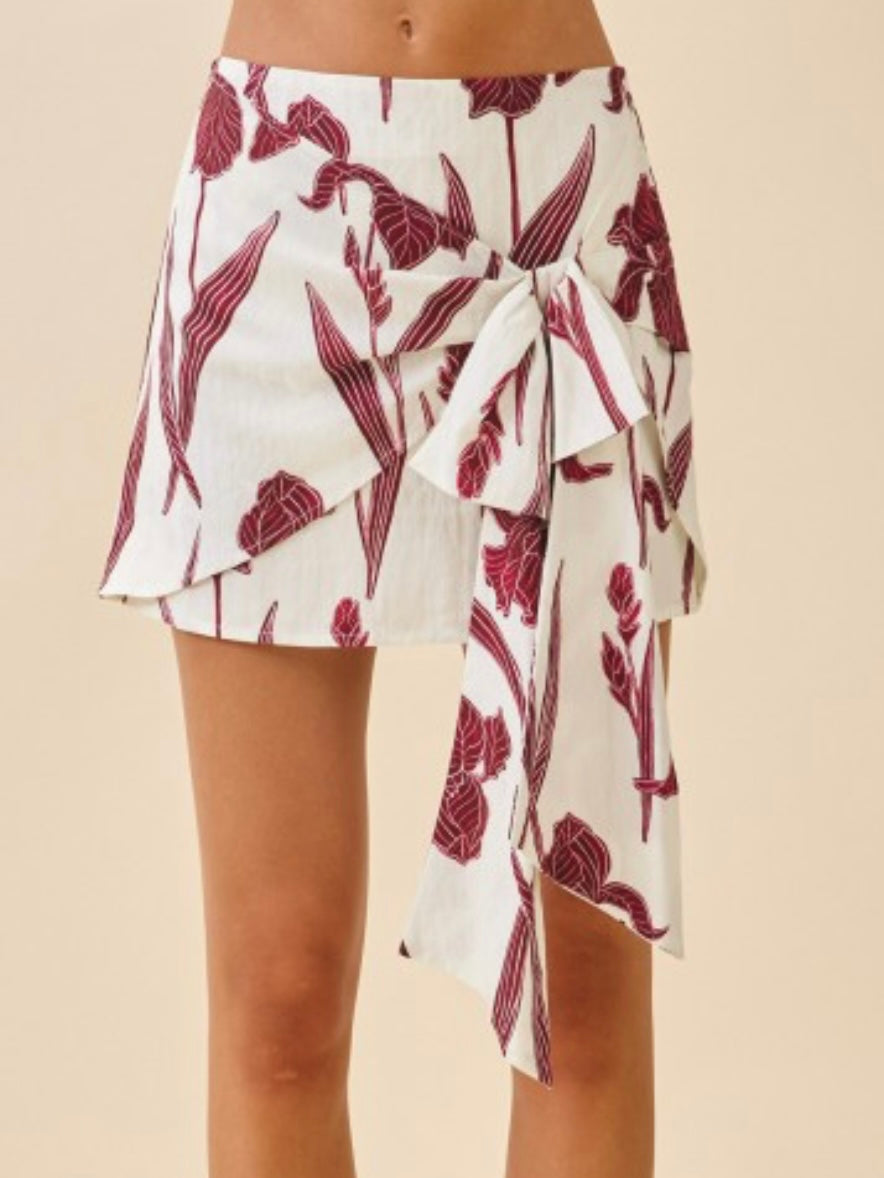 Burgundy Floral Print Front Tie Short Skirt