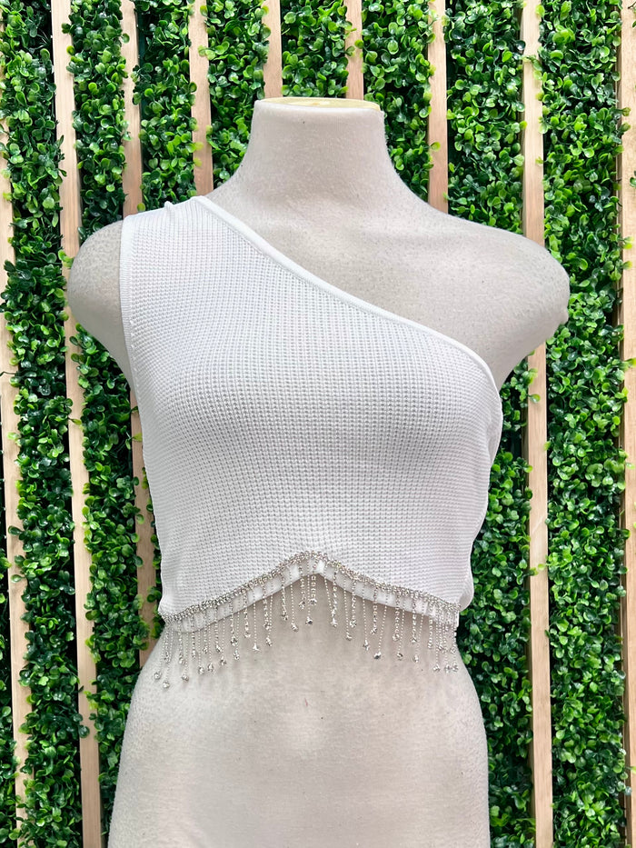 Rhineston Fringe One Shoulder Crop Top