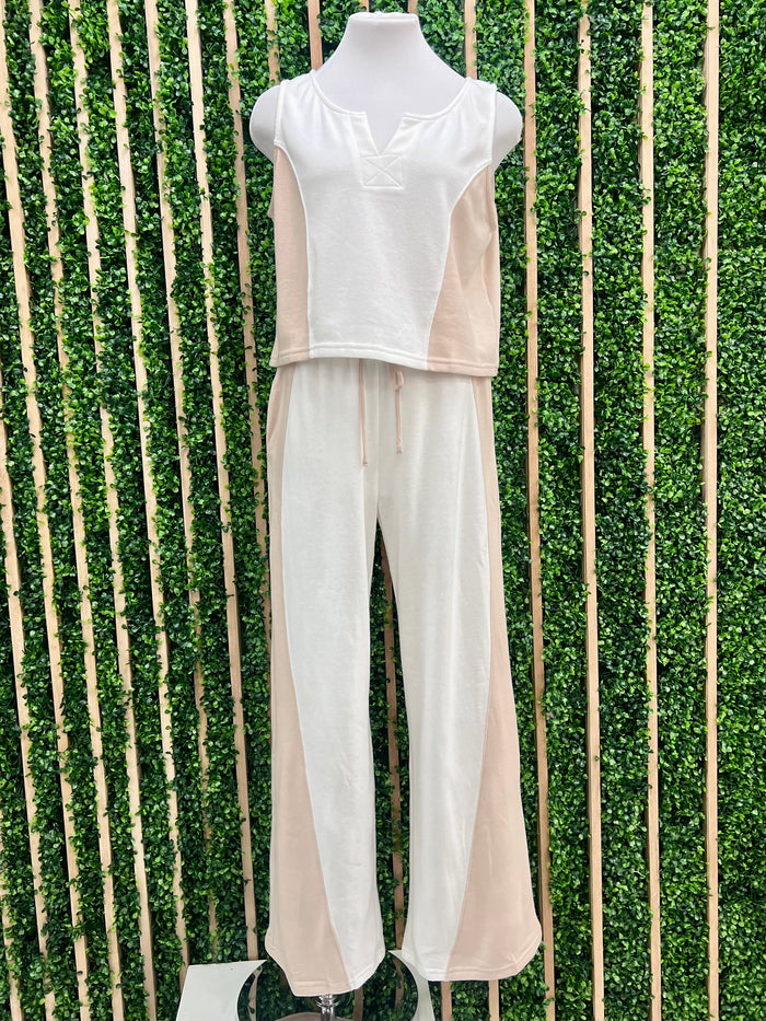 White Beige Detail Sleeveless Pant Set