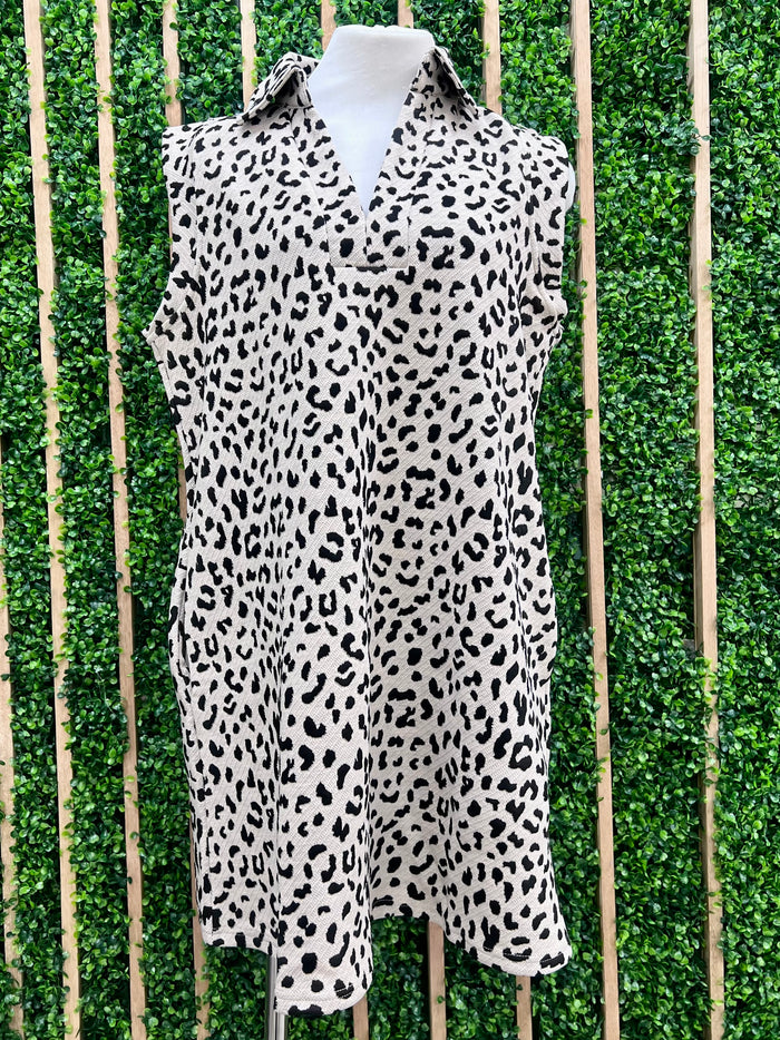 Sleeveless Collared Leopard Short Dress