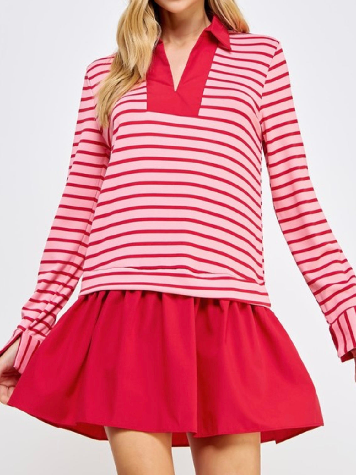 Contrast Stripe Long Sleeve Short Dress