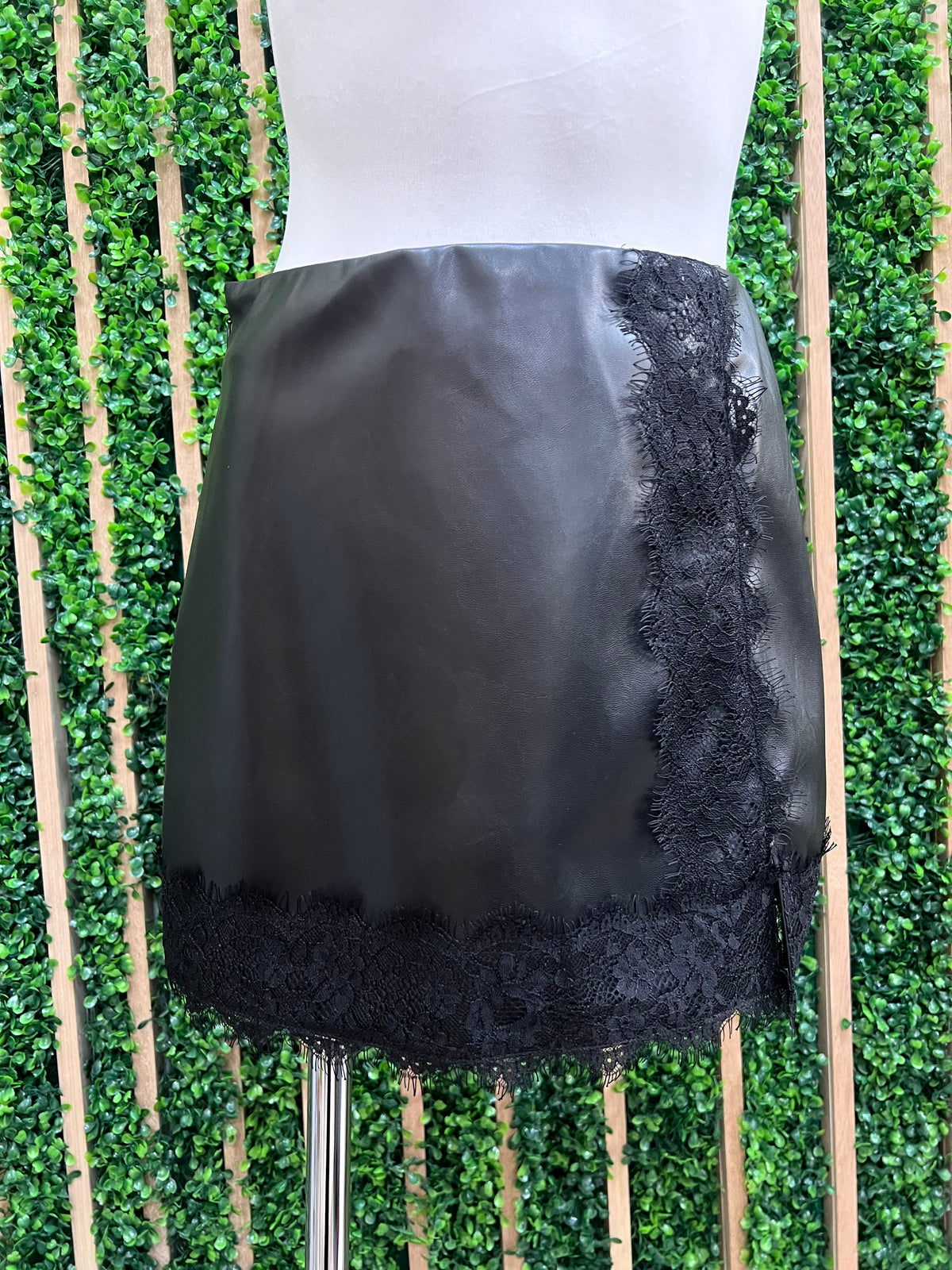 Black Lace Detail Faux Leather Short Skirt