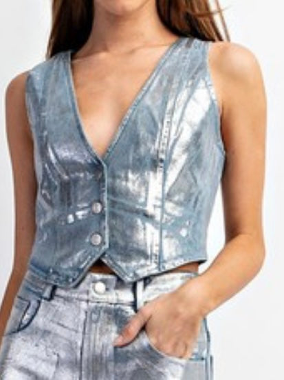 Silver Foil Denim Vest