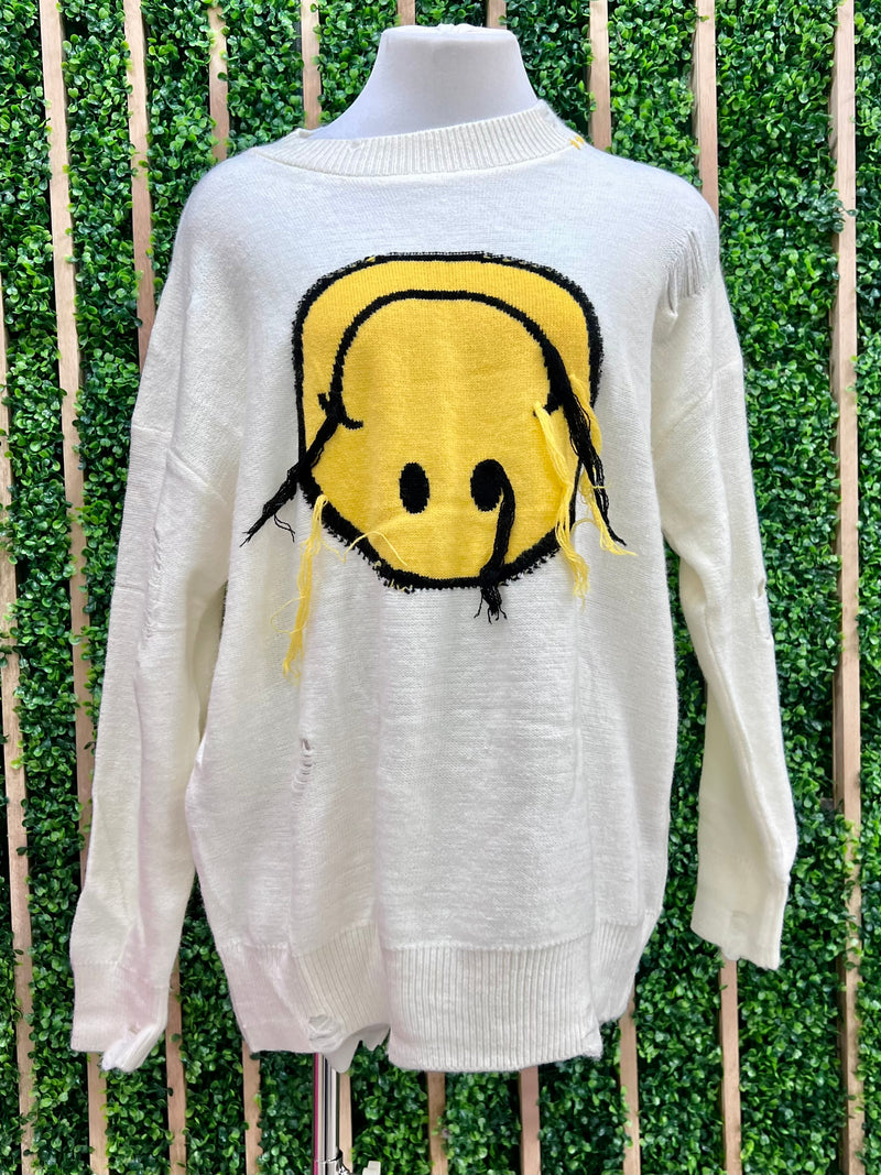 Textured Happy Face Beige Sweater