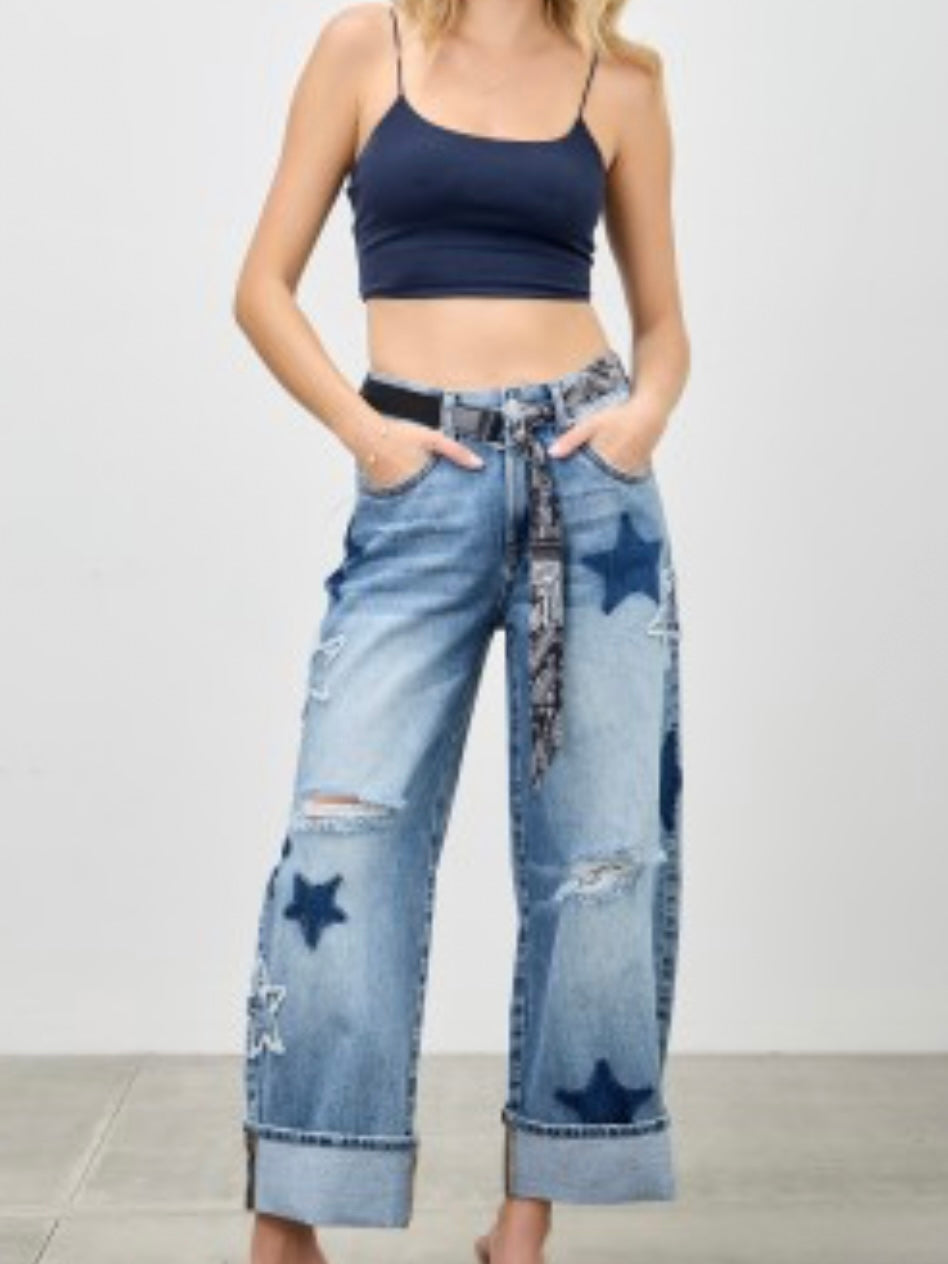 Star Patch Curved Barrel Jeans