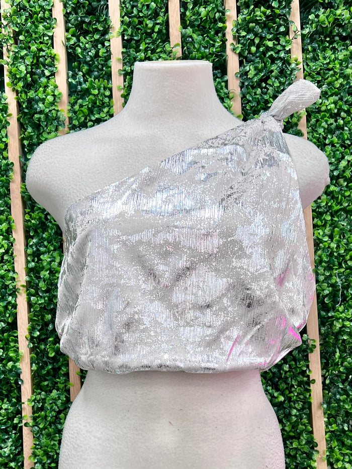 Silver Foil One Shoulder Crop Top