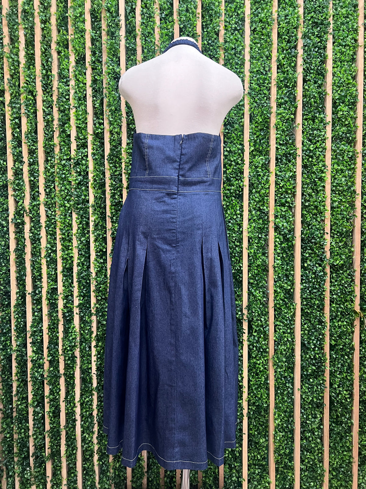 Halter Neck Contrast Stitch Denim Midi Dress