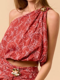 Terracotta Red Gold floral Detail one Shoulder Bubble top