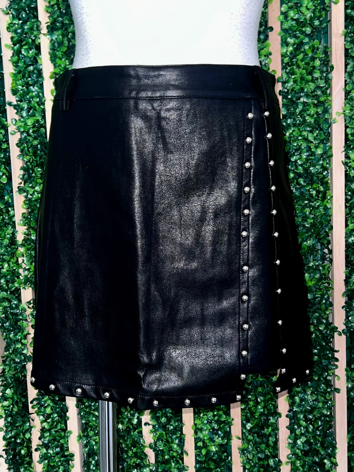 Black Stud Trimmed Pleather Skirt