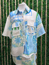Blue Coastal Mosaic Print Button-Up Shirt