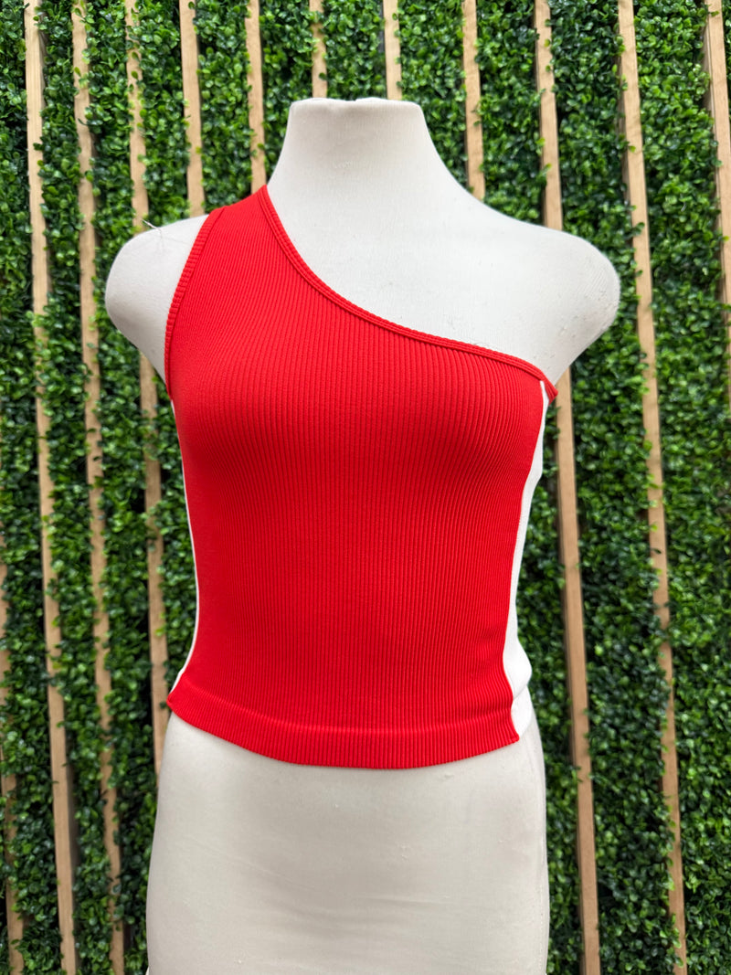 Side Stripe Ribbed One Shoulder Tank Top