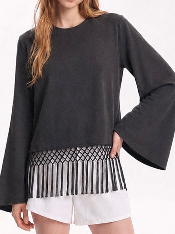 Charcoal Fringe Bell-Sleeve Top