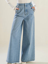 Button Detail Wide LEg Denim Pants