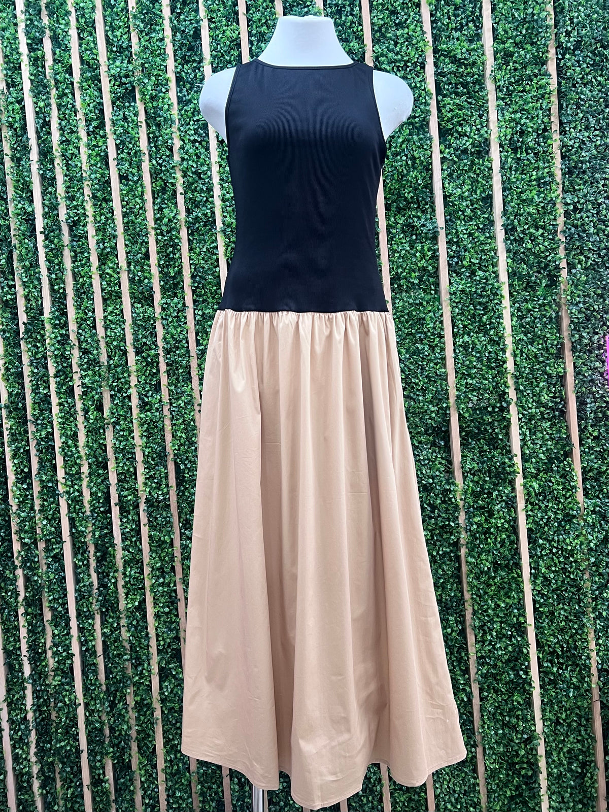 Black Beige Drop Waist Midi Dress
