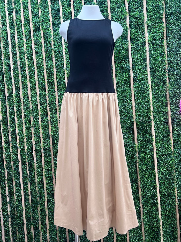 Black Beige Drop Waist Midi Dress