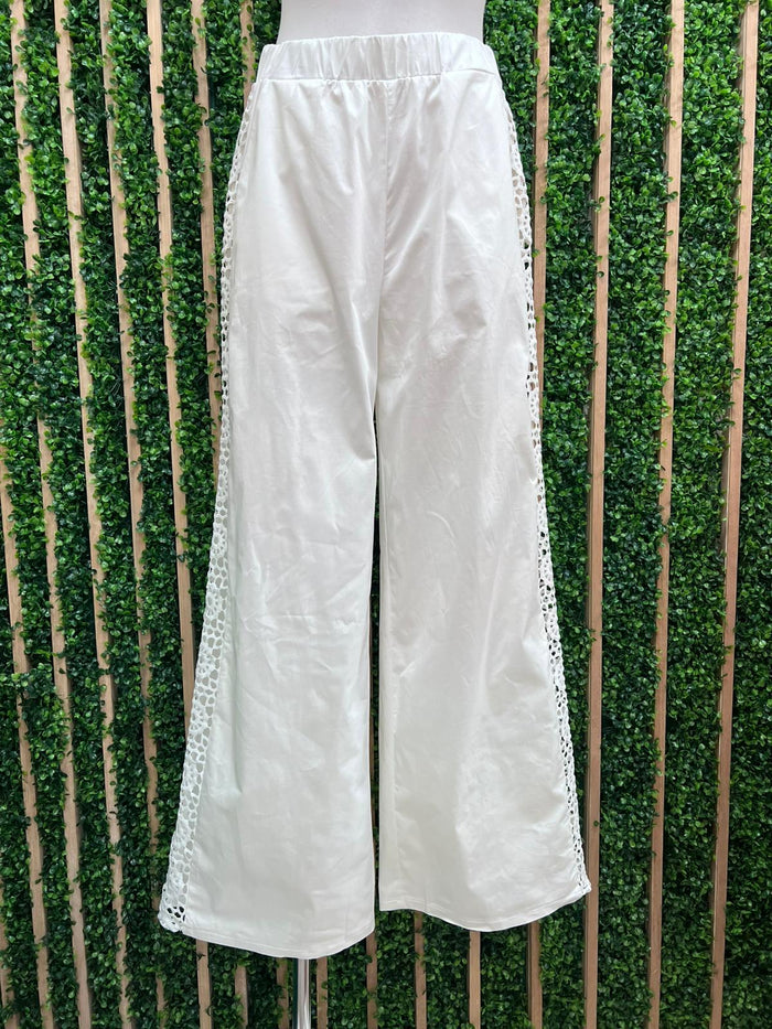 White Santorini Lace Detail Wide Leg Pants