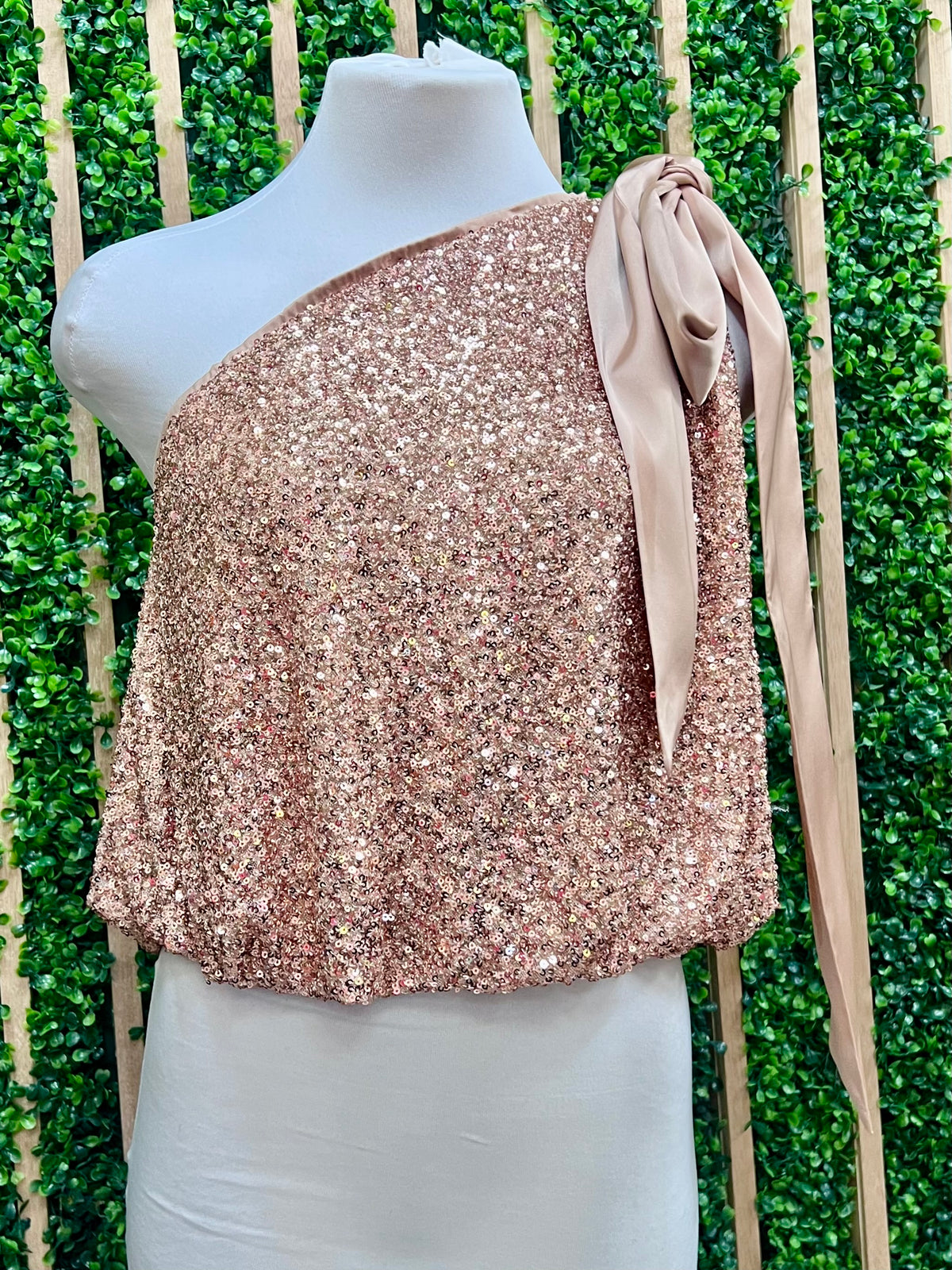 Rose Gold Bow Detail One Shoulder Top