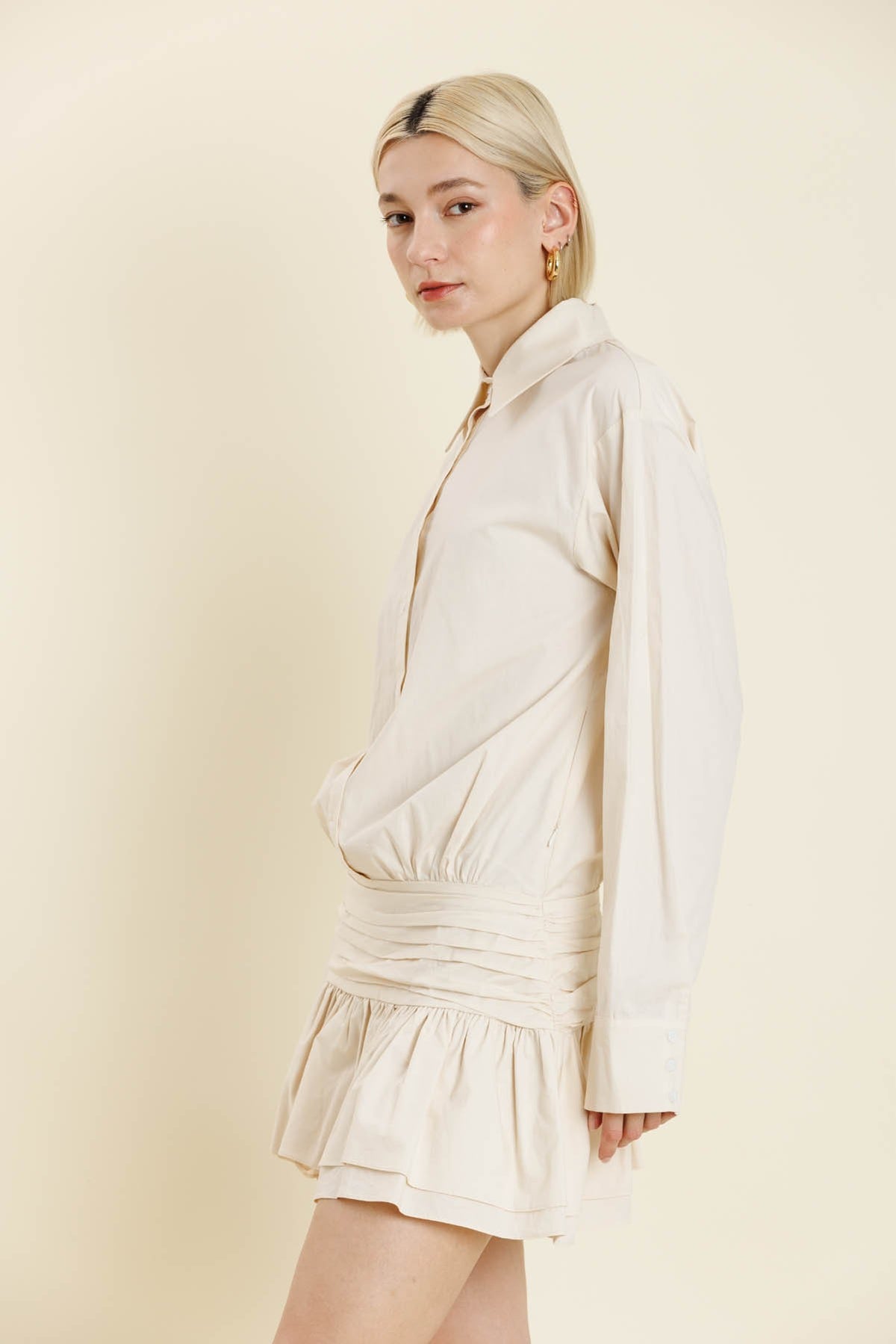 Ivory Shirring Waistband Drop Waist Blouse Dress