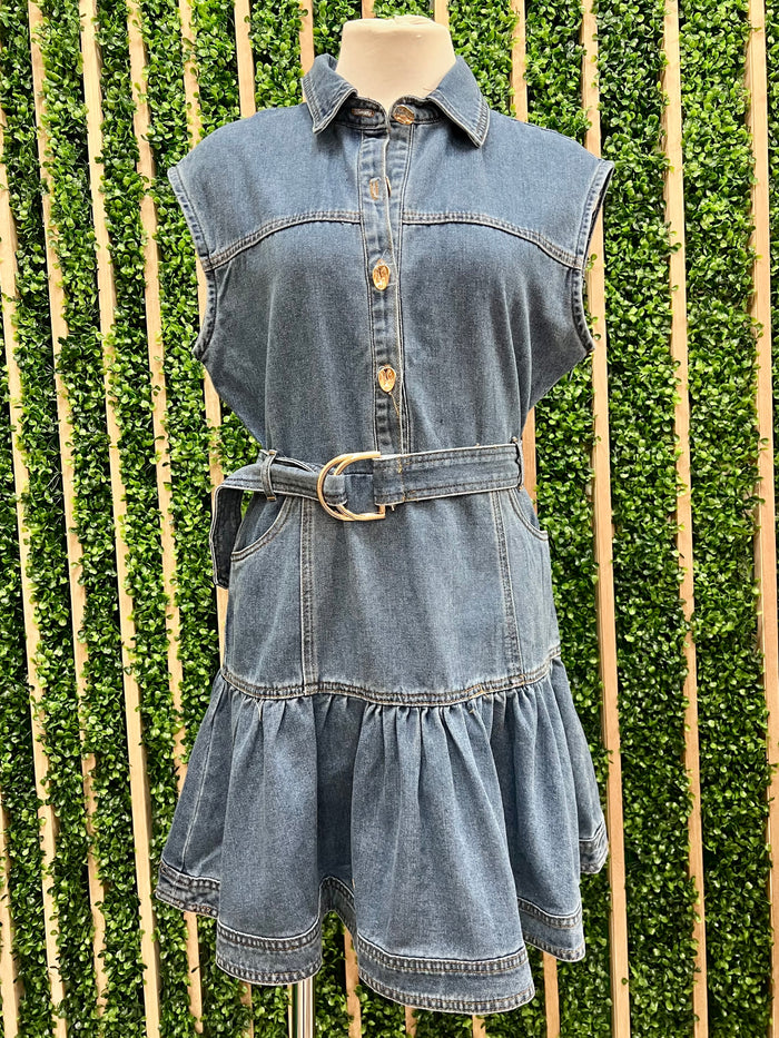 Denim Belted Ruffle Mini Dress