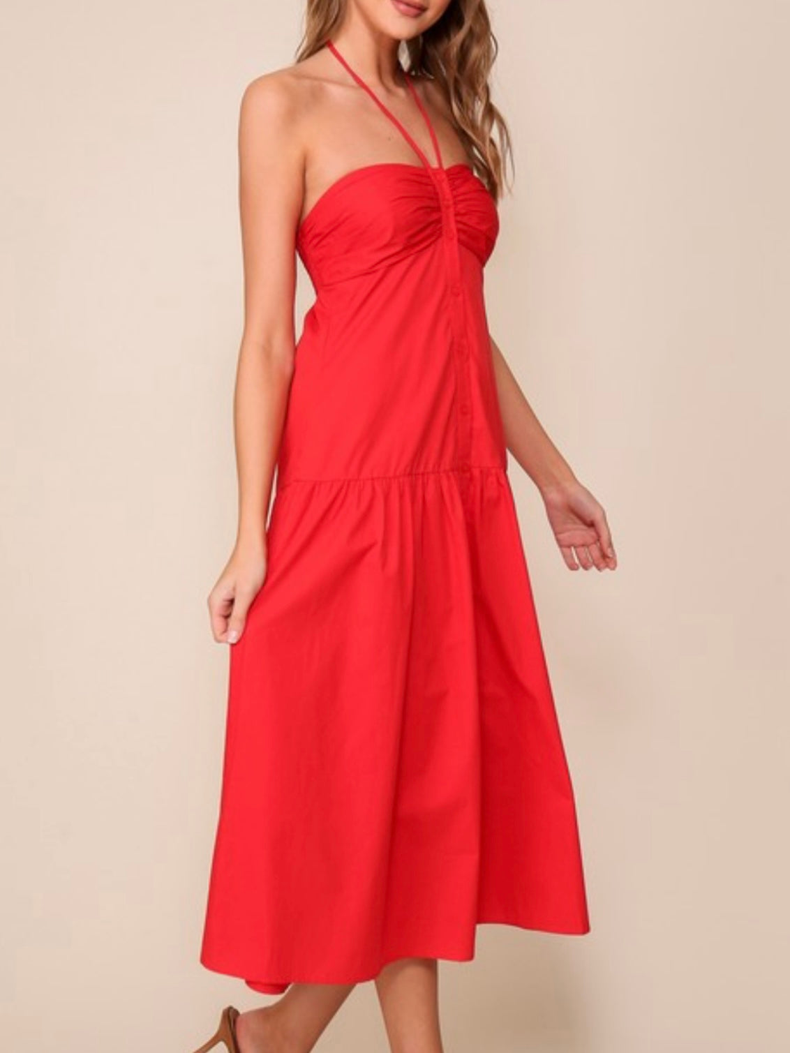 Red Halter Tie Button Down Dress