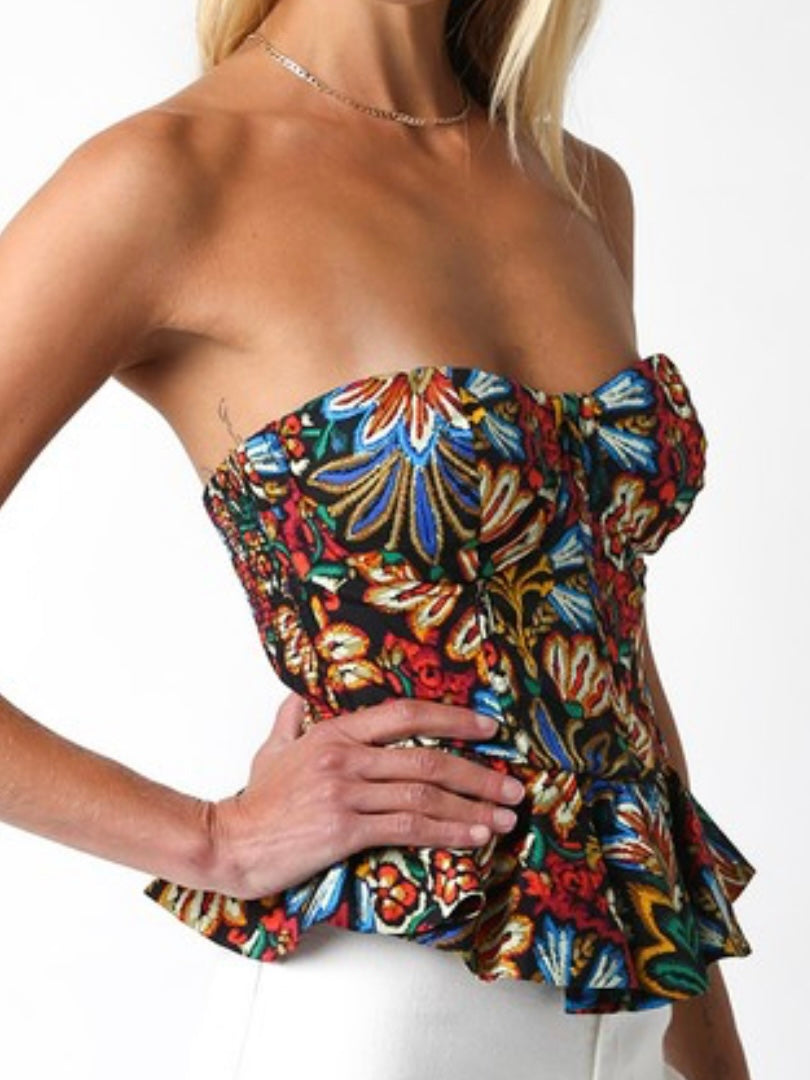 Strapless Bustier Floral Peplum Top