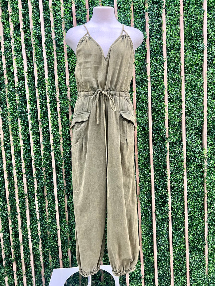 V Neck Washed Jogger Jumpsuit