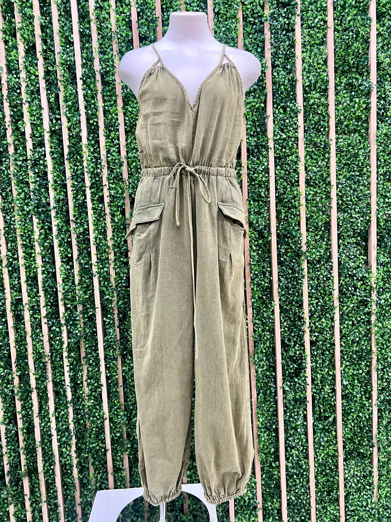 V Neck Washed Jogger Jumpsuit