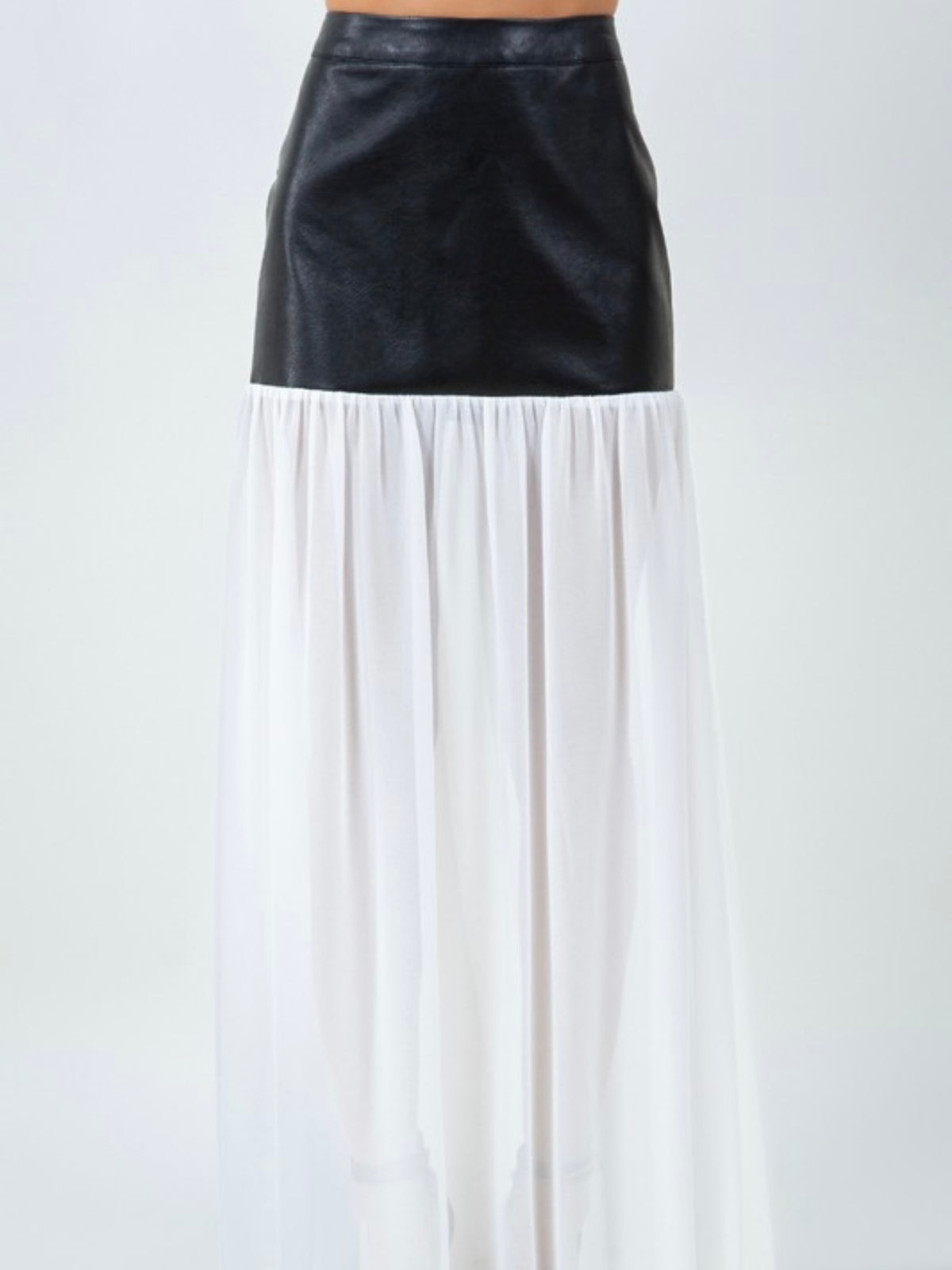 Black Pu Leather & Chiffon Combo Maxi Skirt