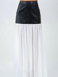 Black Pu Leather & Chiffon Combo Maxi Skirt