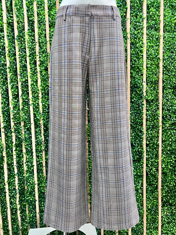 Brown Blue Plaid Wide Leg Pant