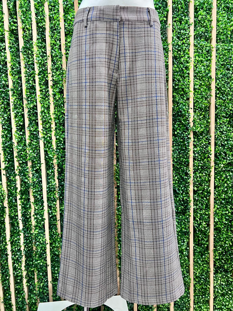 Brown Blue Plaid Wide Leg Pant