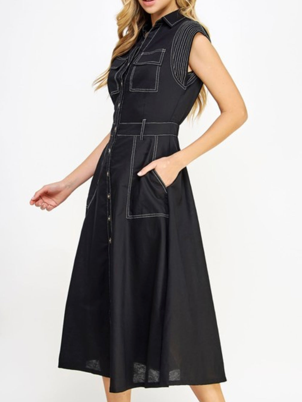 Stitch Detail Linen Midi Dress