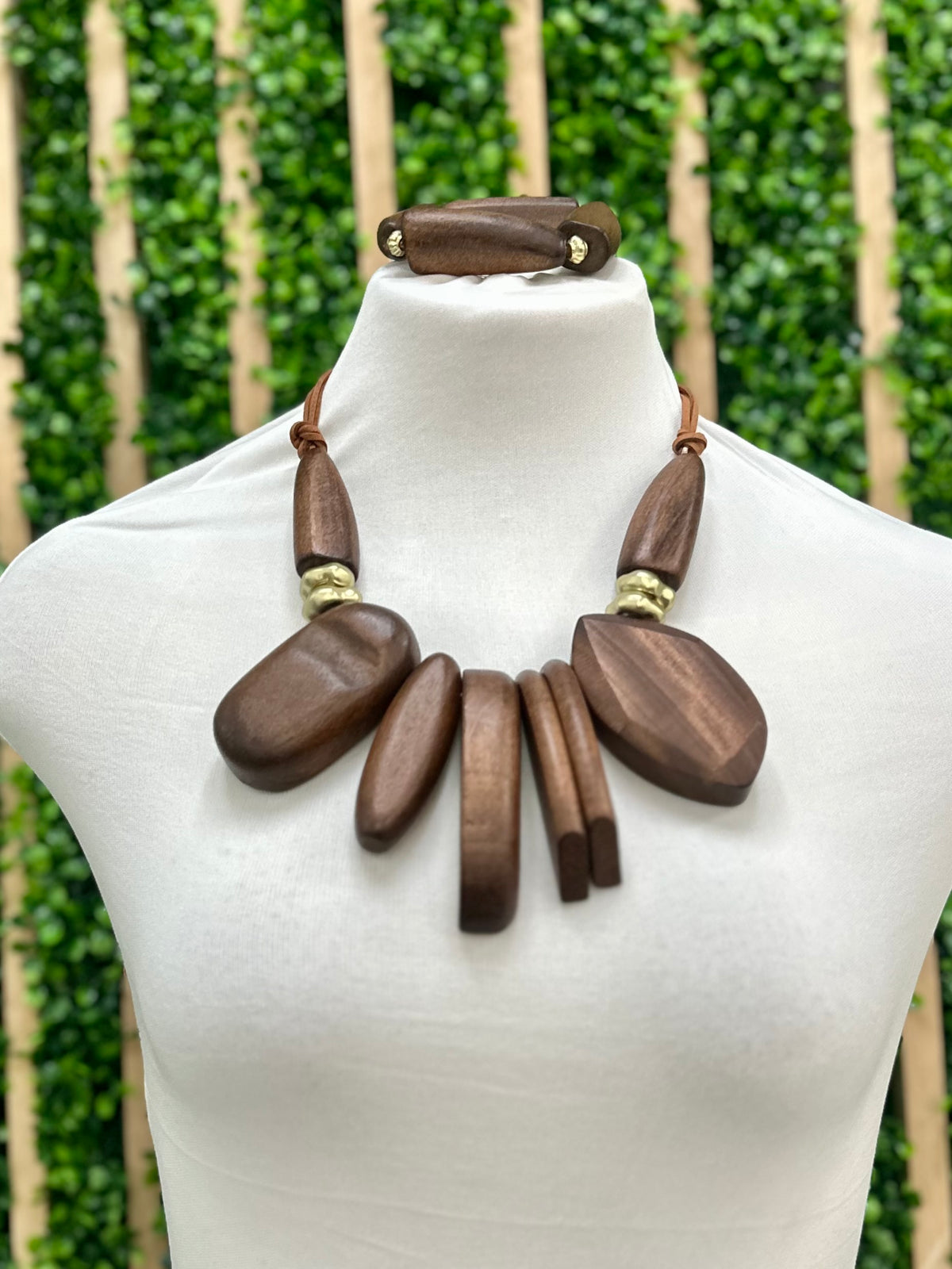 Statement Wood Necklace and Bracelet Set