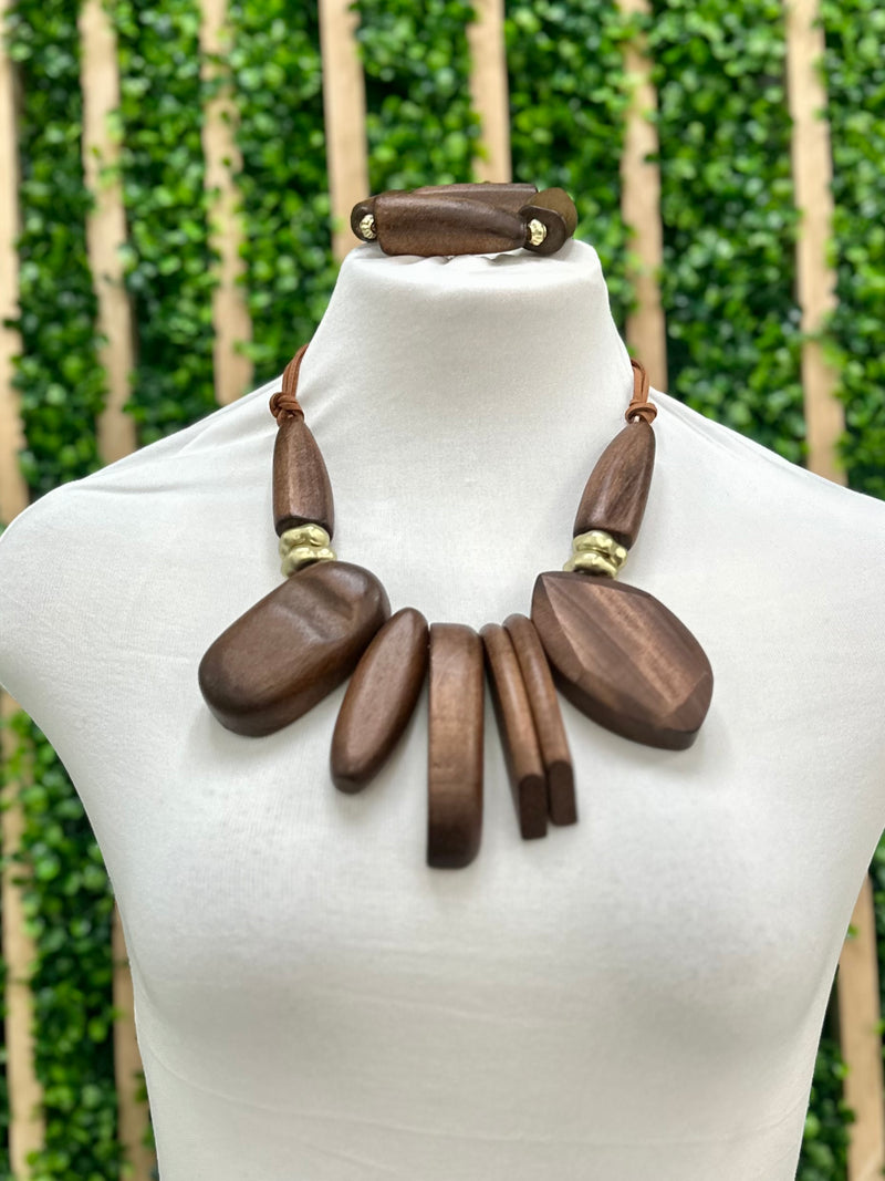 Statement Wood Necklace and Bracelet Set