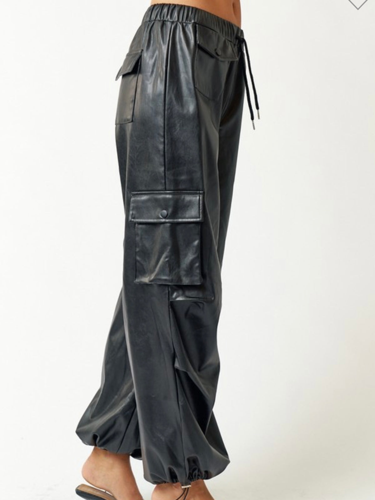 Black Pleather Parachute Cargo Pants