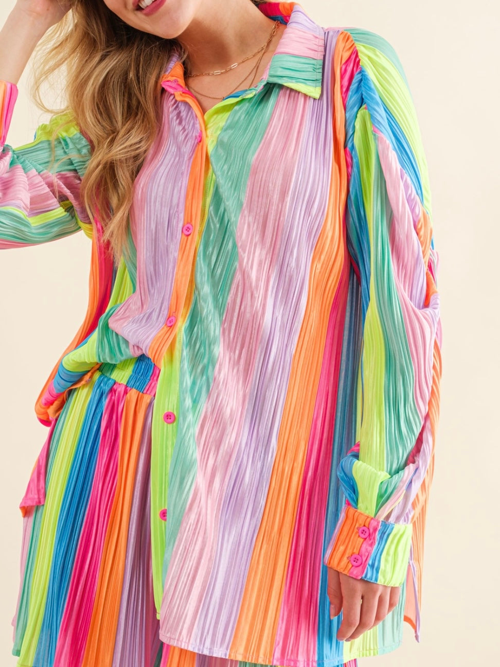 Rainbow Stripes Pleated Short Set