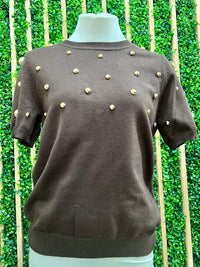Gold Studded Short Sleeve Sweater Top