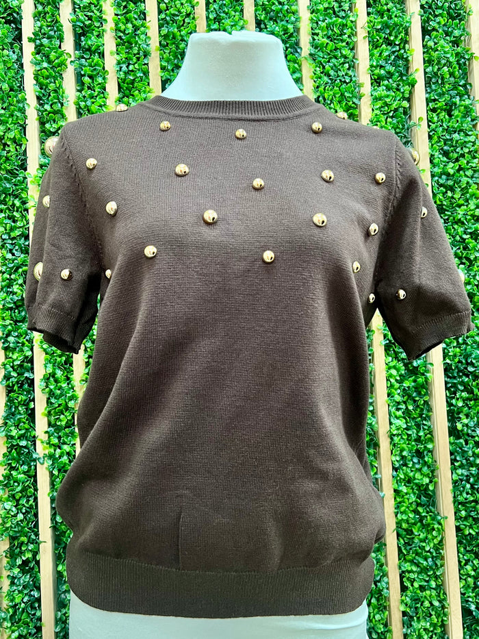 Gold Studded Short Sleeve Sweater Top