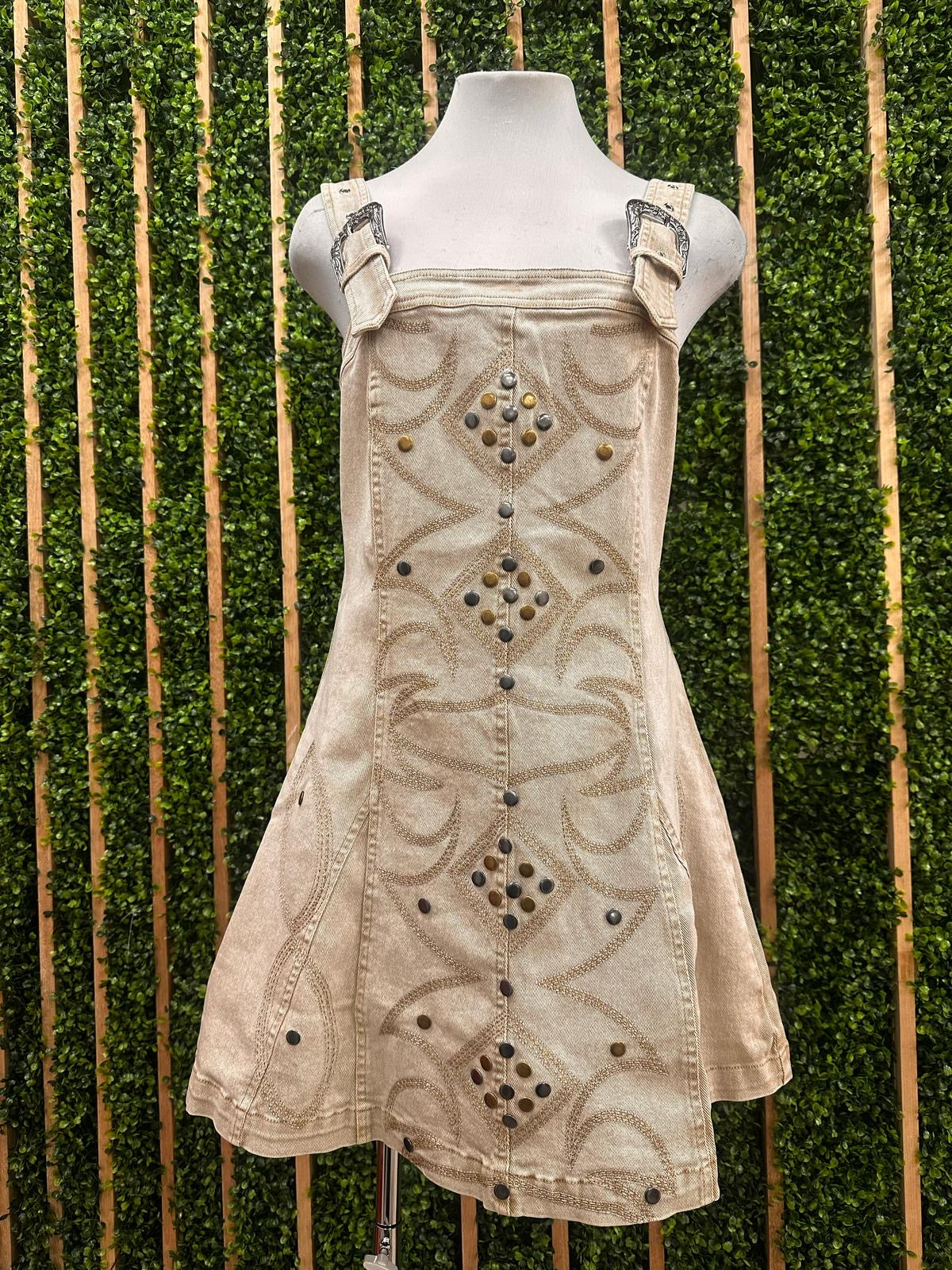 Studded Western Denim Buckle Detail Short Dress