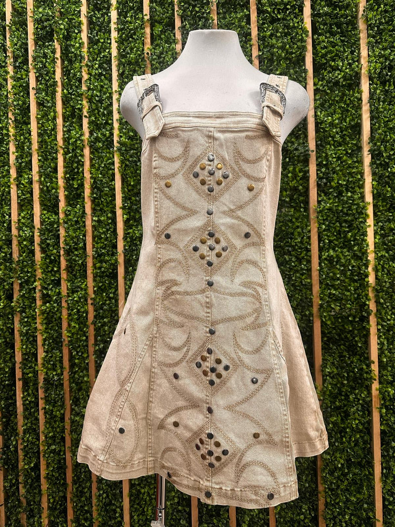 Studded Western Denim Buckle Detail Short Dress